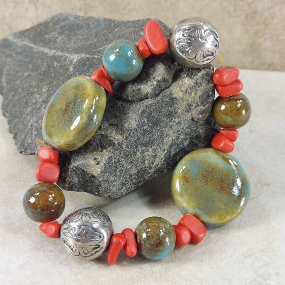 Silver Beaded Stones Bracelet Handmade Beads Jewelry Jewel Trinket Gift for Her - Picture 1 of 8